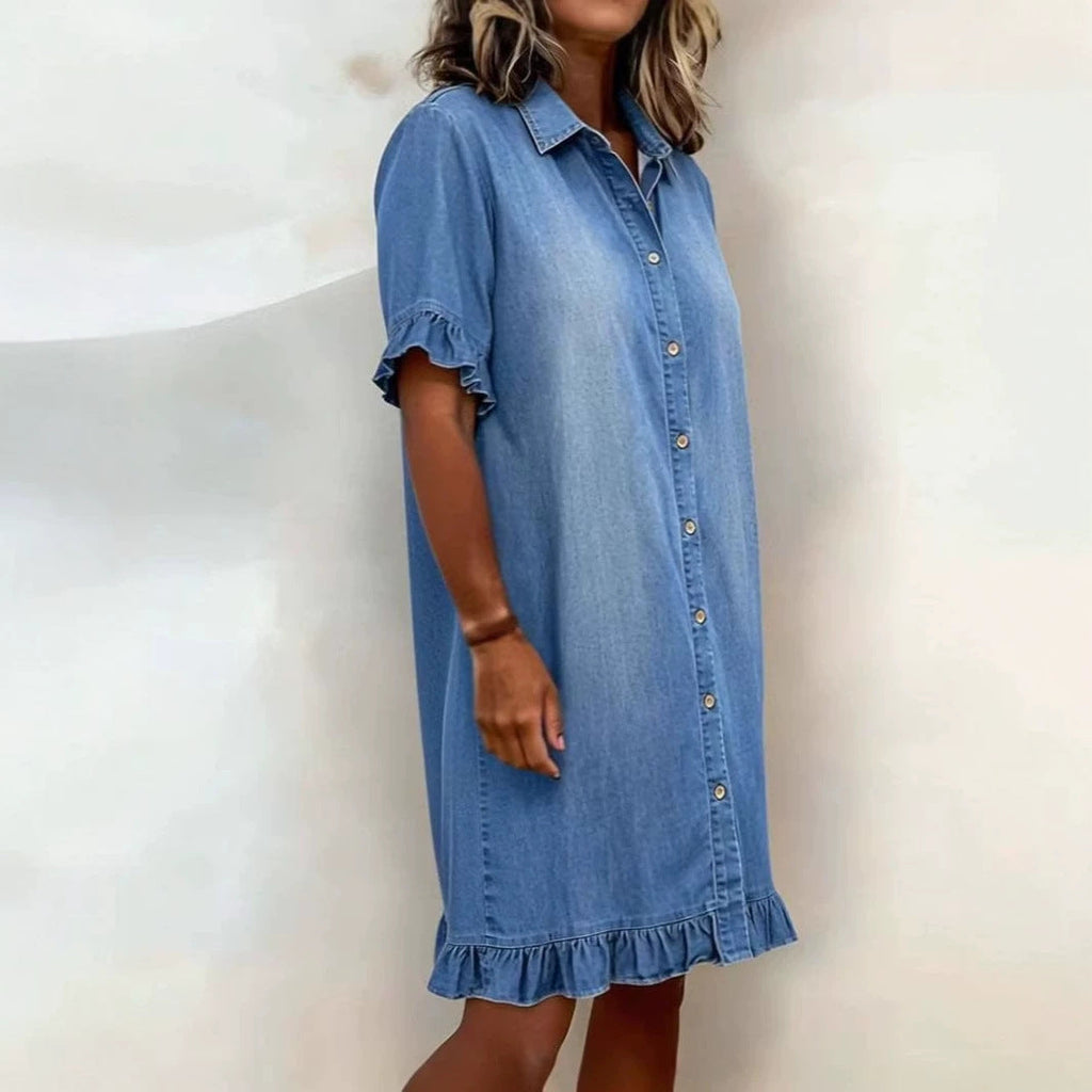 Women's Faux Denim Ruffle-Sleeve Shirt Dress