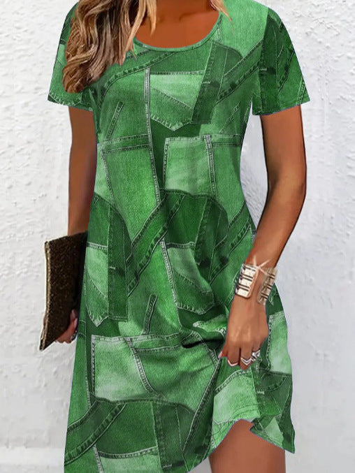Women's Plus Size Digital Print Denim-Look Short Sleeve Dress