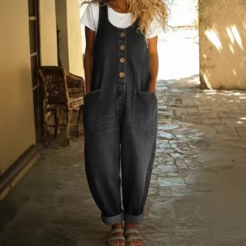 Retro Buckle Multi-Pocket Overalls Jumpsuit | 3/4 Sleeve