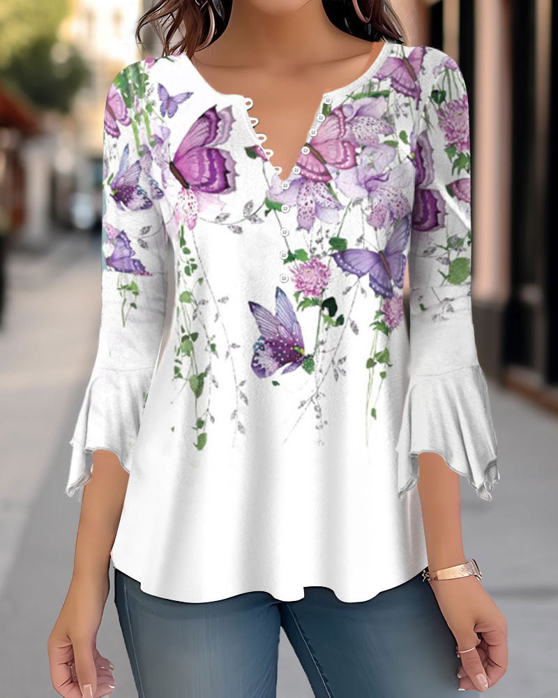 🌸 Asymmetrical Spike Button 3/4 Sleeve T-Shirt – Effortless Chic