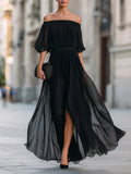 Women's One-Shoulder Ruffle Sleeve Chiffon Maxi Dress | Side Split High Waist Dress in 3 Colors