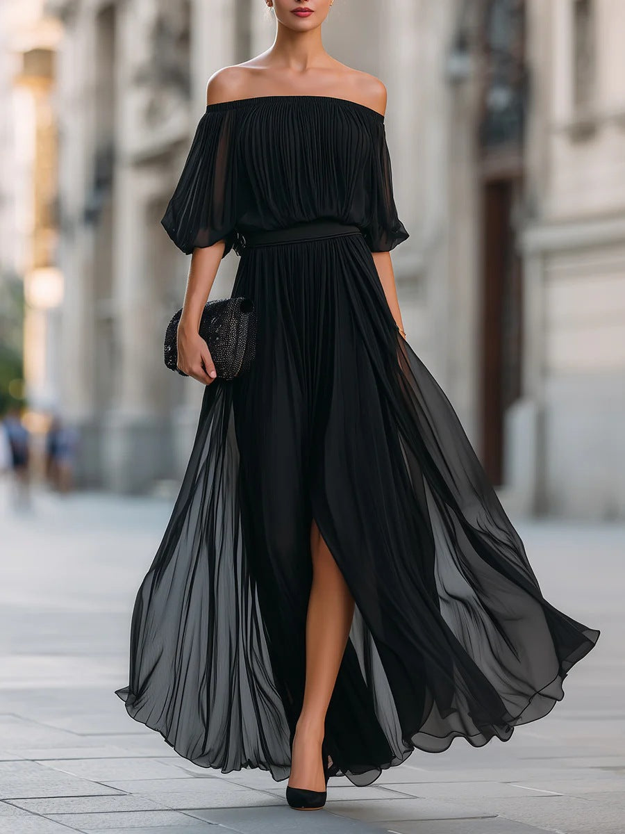 Women's One-Shoulder Ruffle Sleeve Chiffon Maxi Dress | Side Split High Waist Dress in 3 Colors