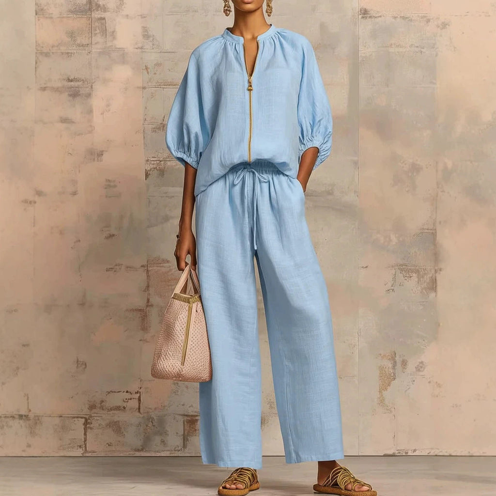 Women's Casual Loose Zipper Round Neck Wide-Leg Pants Set