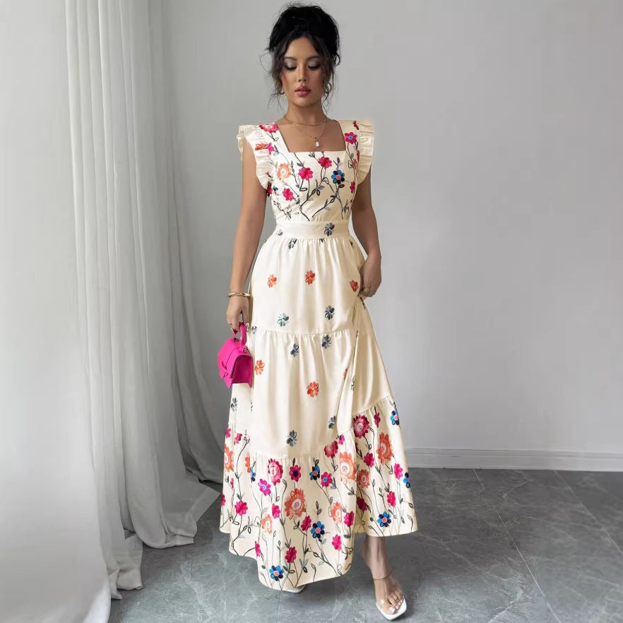 Women’s Puff Sleeve Floral Print Waist-Cinching Dress