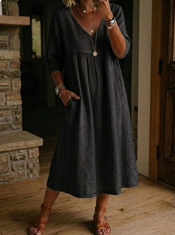Women's V-Neck Dress – Lace Trim, Loose Fit, 7 Colors