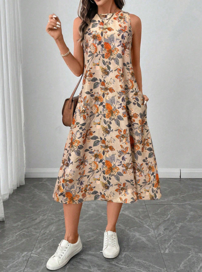 Floral Print A-Line Midi Dress with Pockets | Boho Vintage