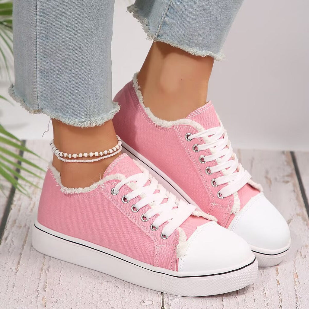 Women's Lace-Up Canvas Sneakers – Lightweight Flat Low-Top
