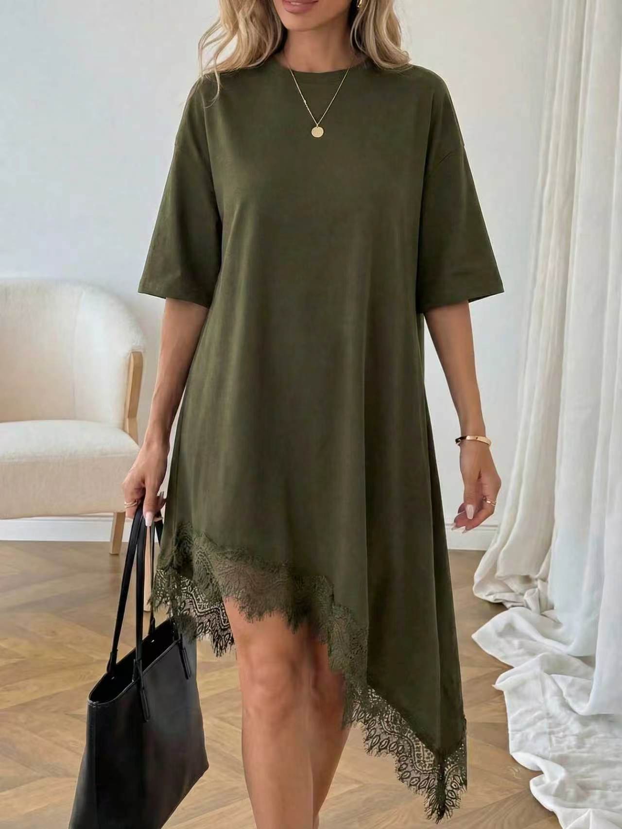Women's Lace Trim Asymmetric Three-Quarter Sleeve Dress
