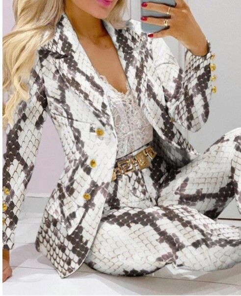 Women's Printed Coat & Trousers Two-Piece Set – 19 Prints, Casual Fashion Suit