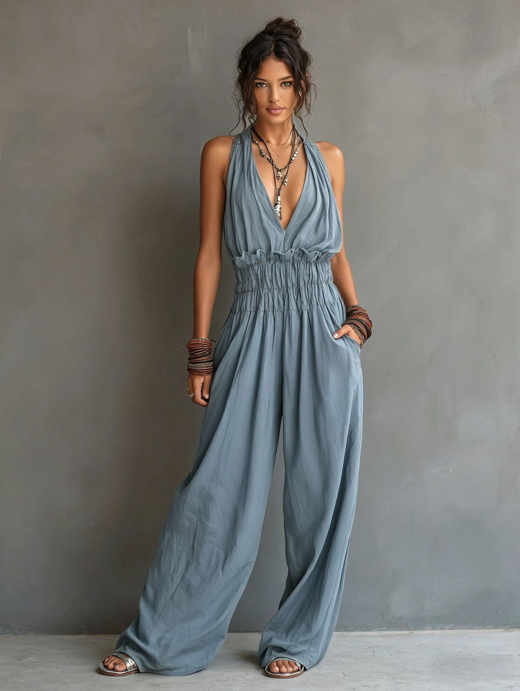 Women's V-Neck Halter Jumpsuit – Sleeveless Open Back Waist-Cinching