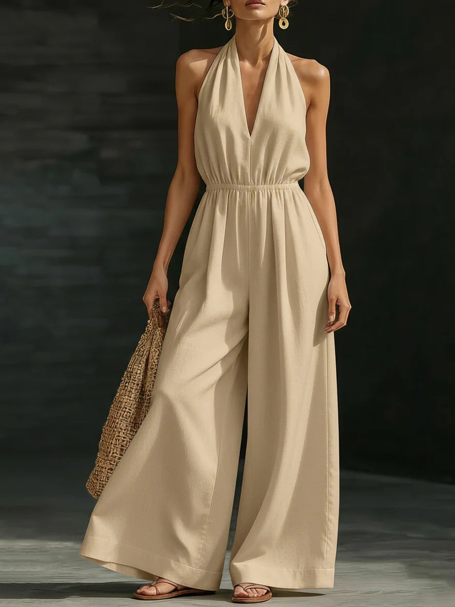 Women’s V-Neck Halter Neck Wide-Leg Jumpsuit