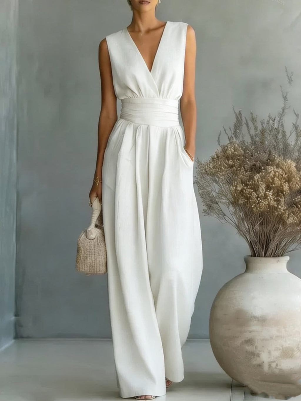 Women's Elegant V-Neck Sleeveless Jumpsuit – Waist-Cinching Straight Leg