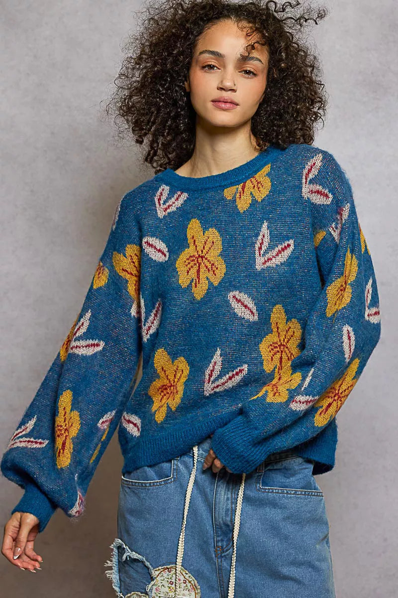POL Floral Pattern Round Neck Balloon-Sleeve Sweater