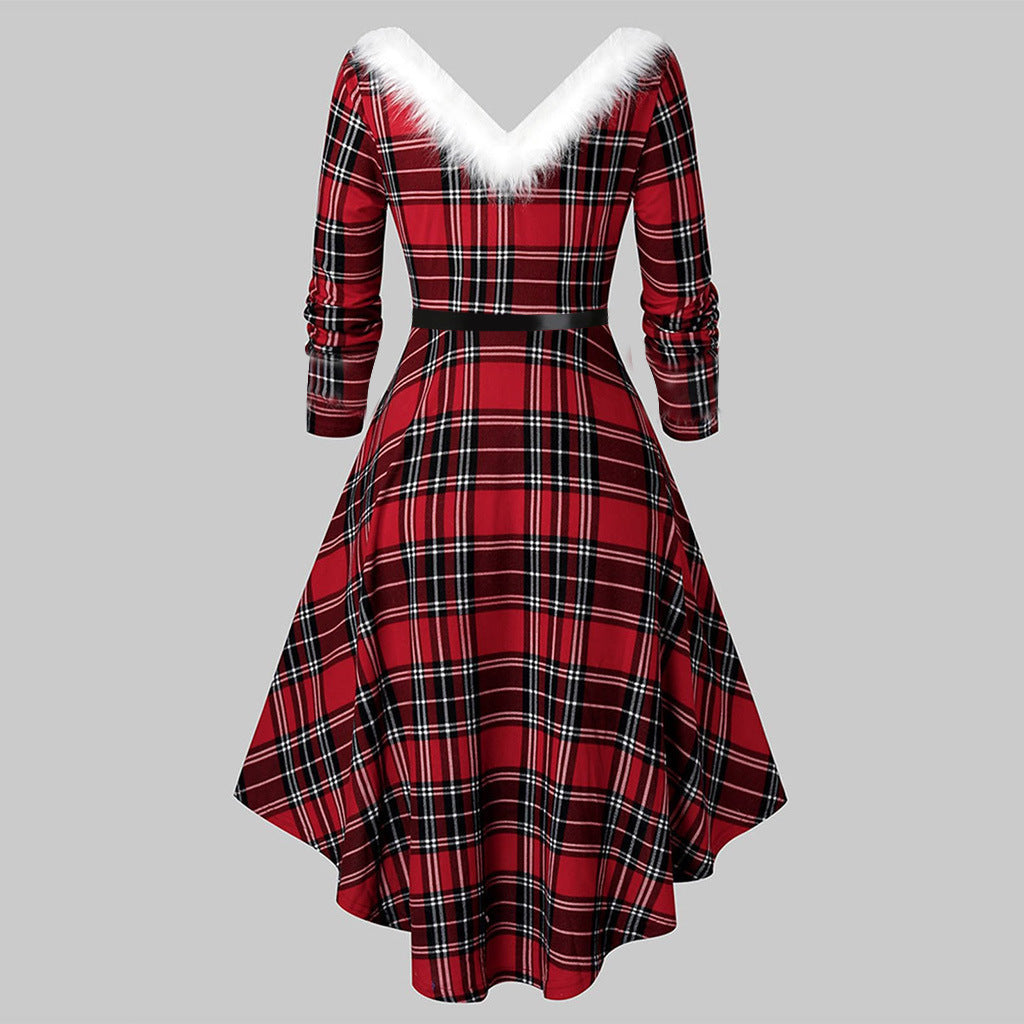 Christmas Women’s Fur Patchwork V-Neck Long-Sleeved Dress