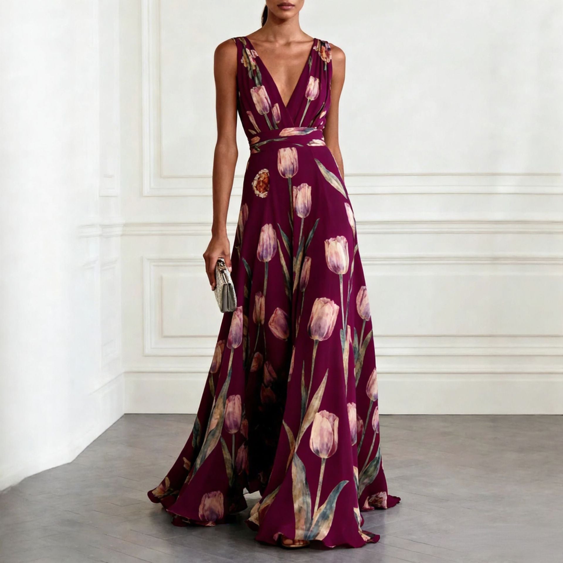 Tulip Print V-Neck Sleeveless Maxi Dress – Floral Chiffon