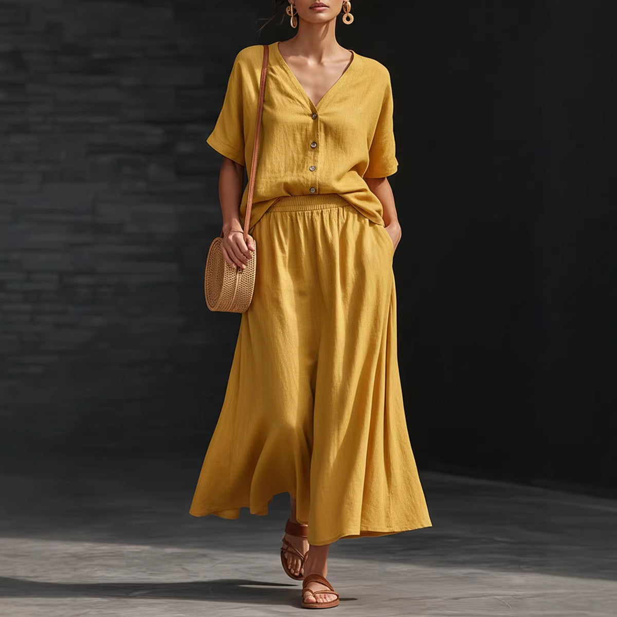 Women's V-Neck Button-Up Top & Long Skirt Set