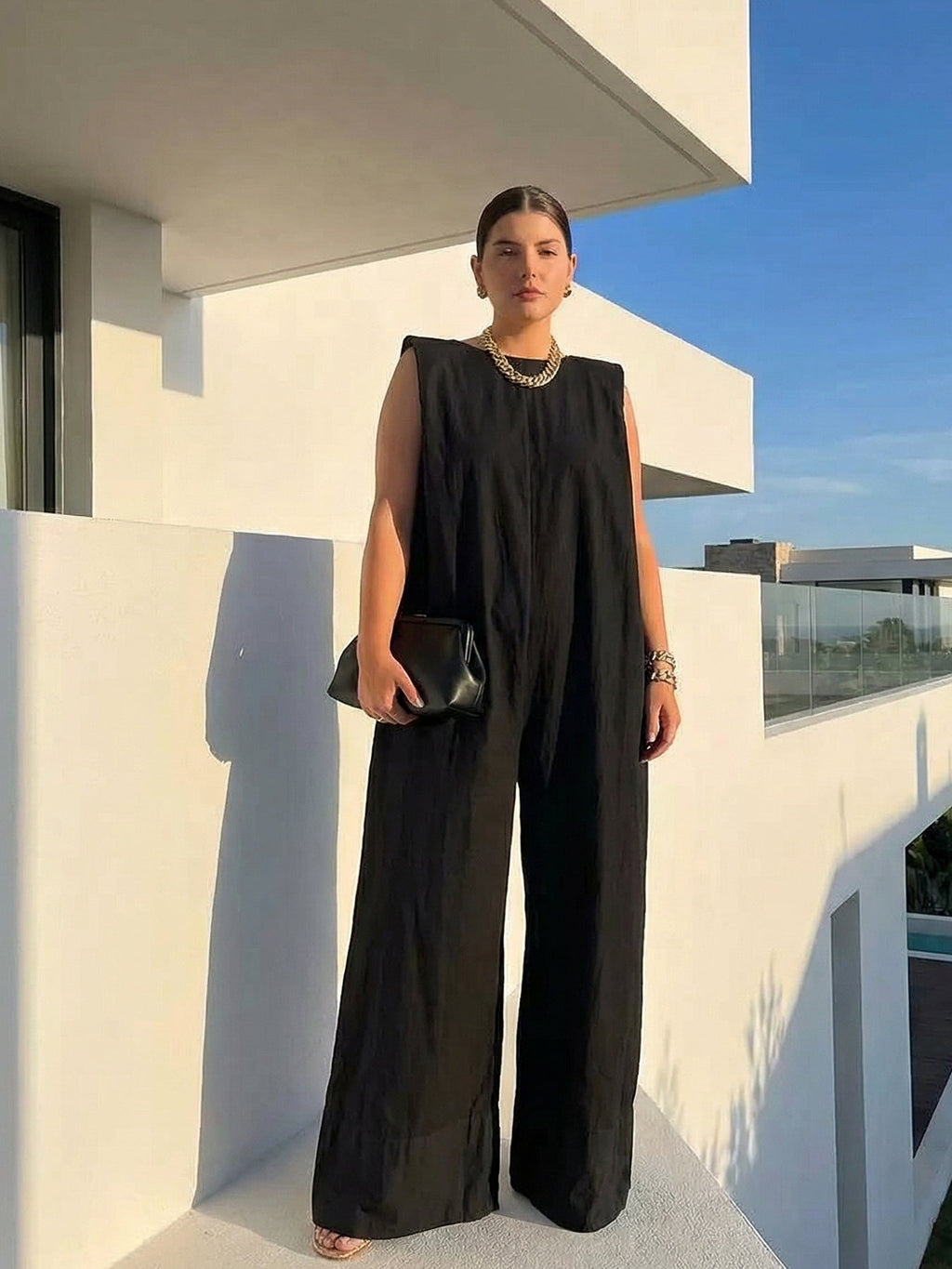 Women's Wide-Leg Jumpsuit | Loose Solid Color Casual One-Piece in Black | S–XXL