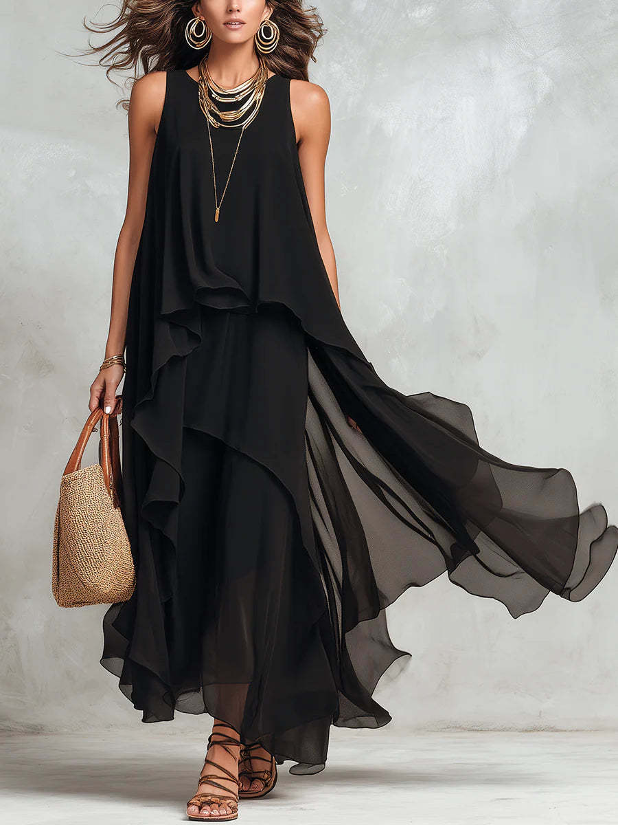 Asymmetrical Ruffle Mesh Chiffon Sleeveless Maxi Dress – Black, XS–XXL