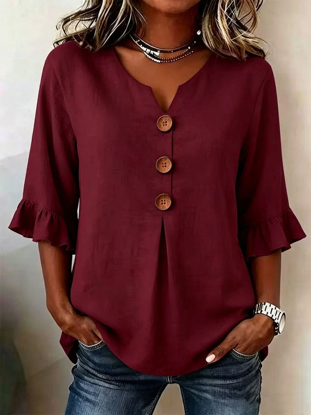 Women's Cotton Linen V-Neck Button-Up Blouse — Summer Casual Top