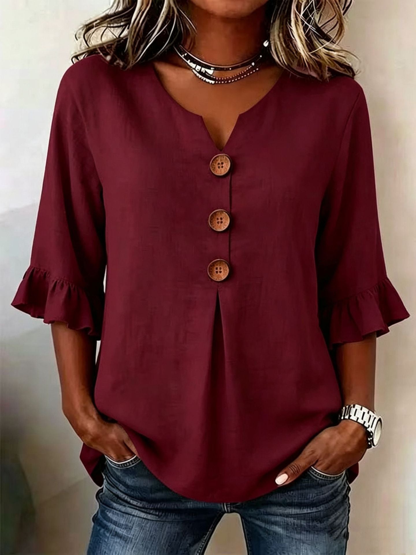 Women's Cotton Linen V-Neck Button-Up Blouse — Summer Casual Top