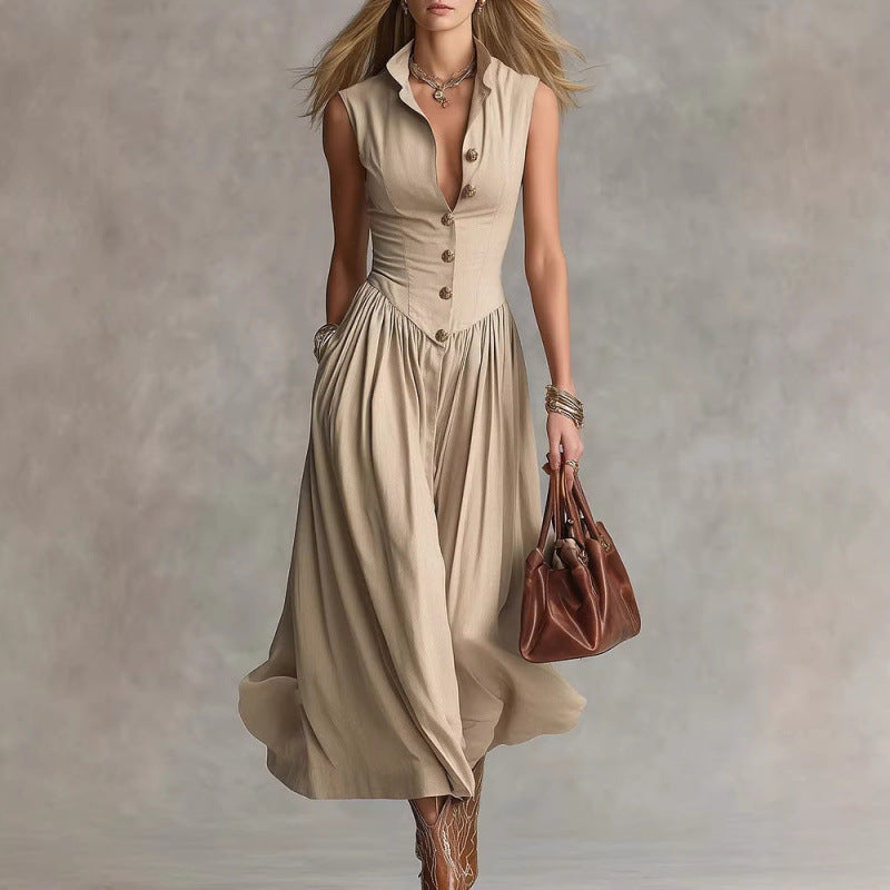 Women's Sleeveless Lapel Collar Maxi Dress – Slim Fit Patchwork