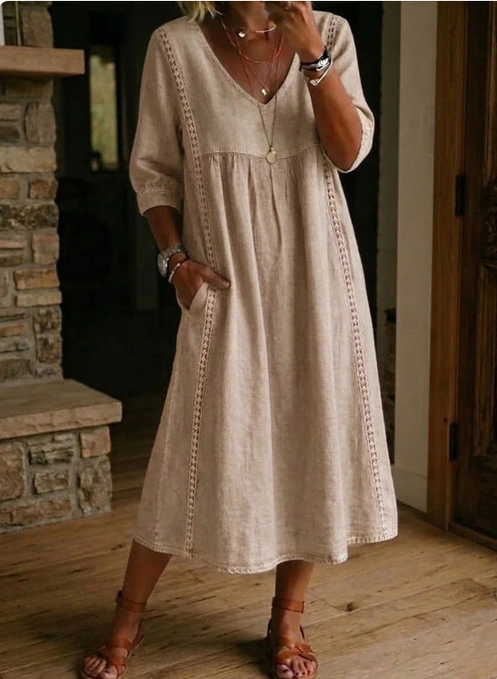 Women's V-Neck Dress – Lace Trim, Loose Fit, 7 Colors