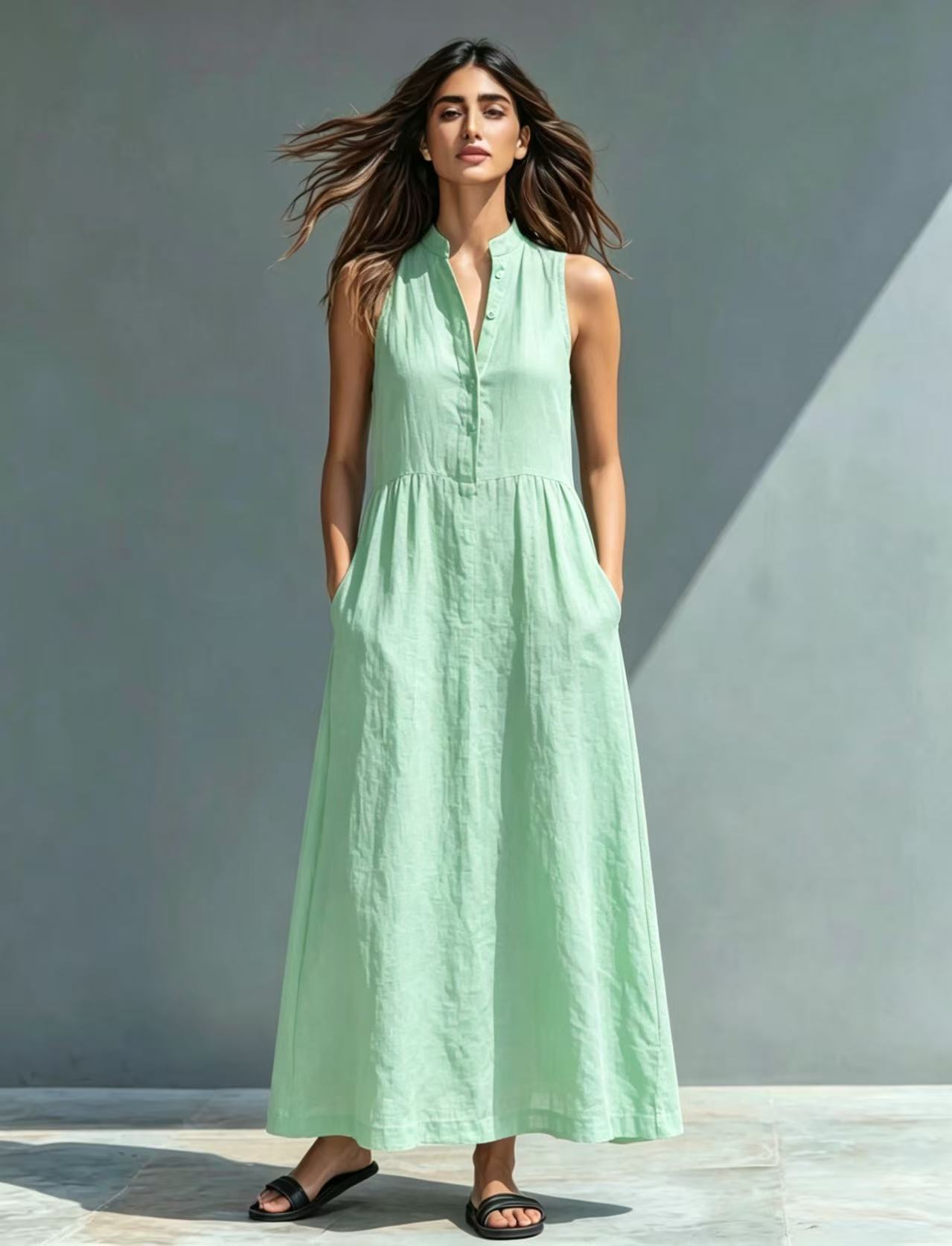 Women's Stand-Collar A-Line Maxi Dress – Resort & Vacation Style