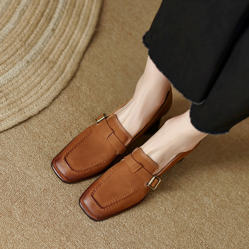 Women's Retro British Style Chunky Heel Leather Shoes – Round Toe Commuter