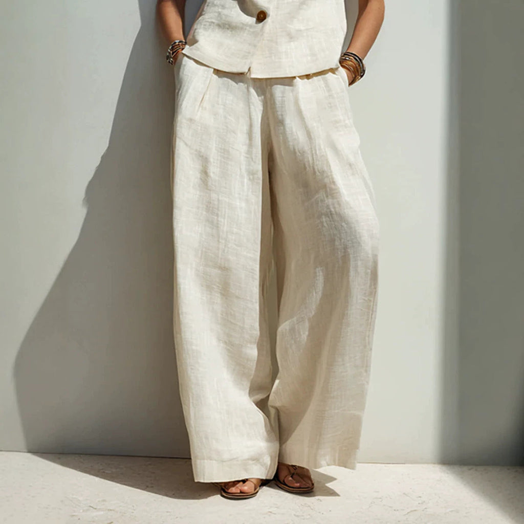 Linen Blend V-Neck Buttoned Vest & High-Waist Wide-Leg Pants Set – 5 Colors S–3XL
