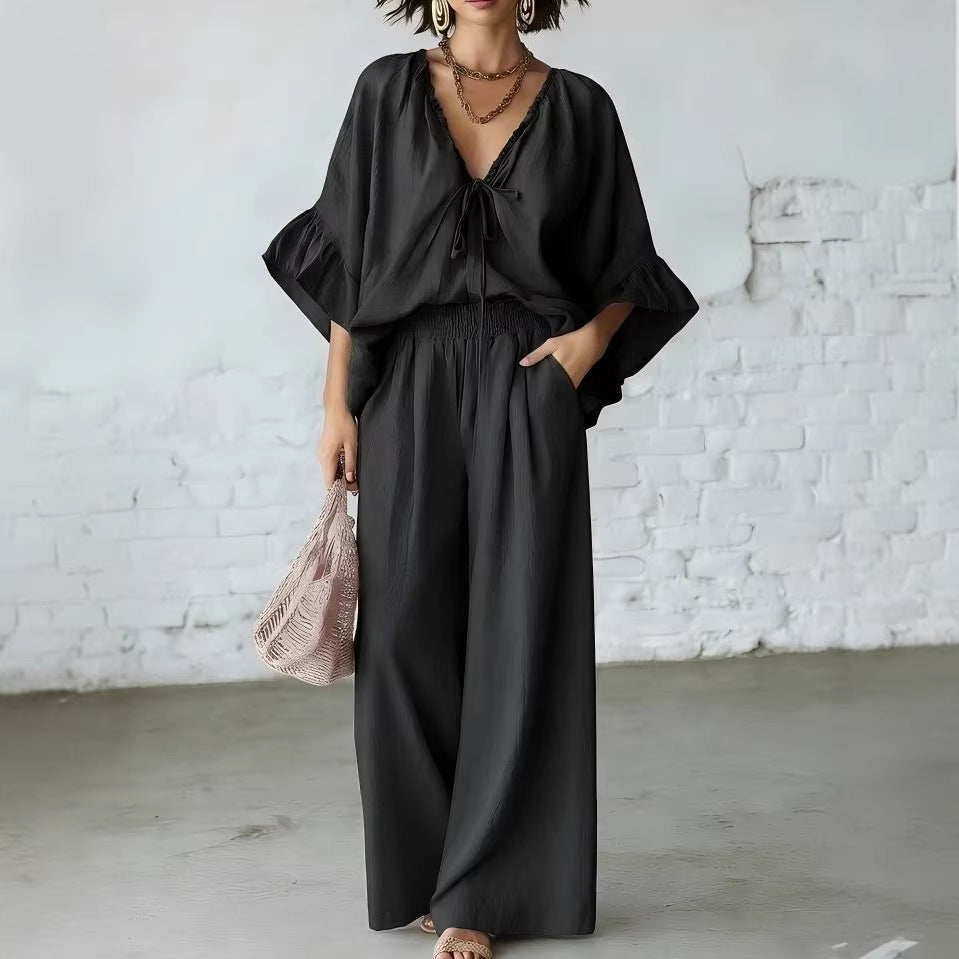 Women's Loose-Fit V-Neck Top & Wide-Leg Pants Two-Piece Set