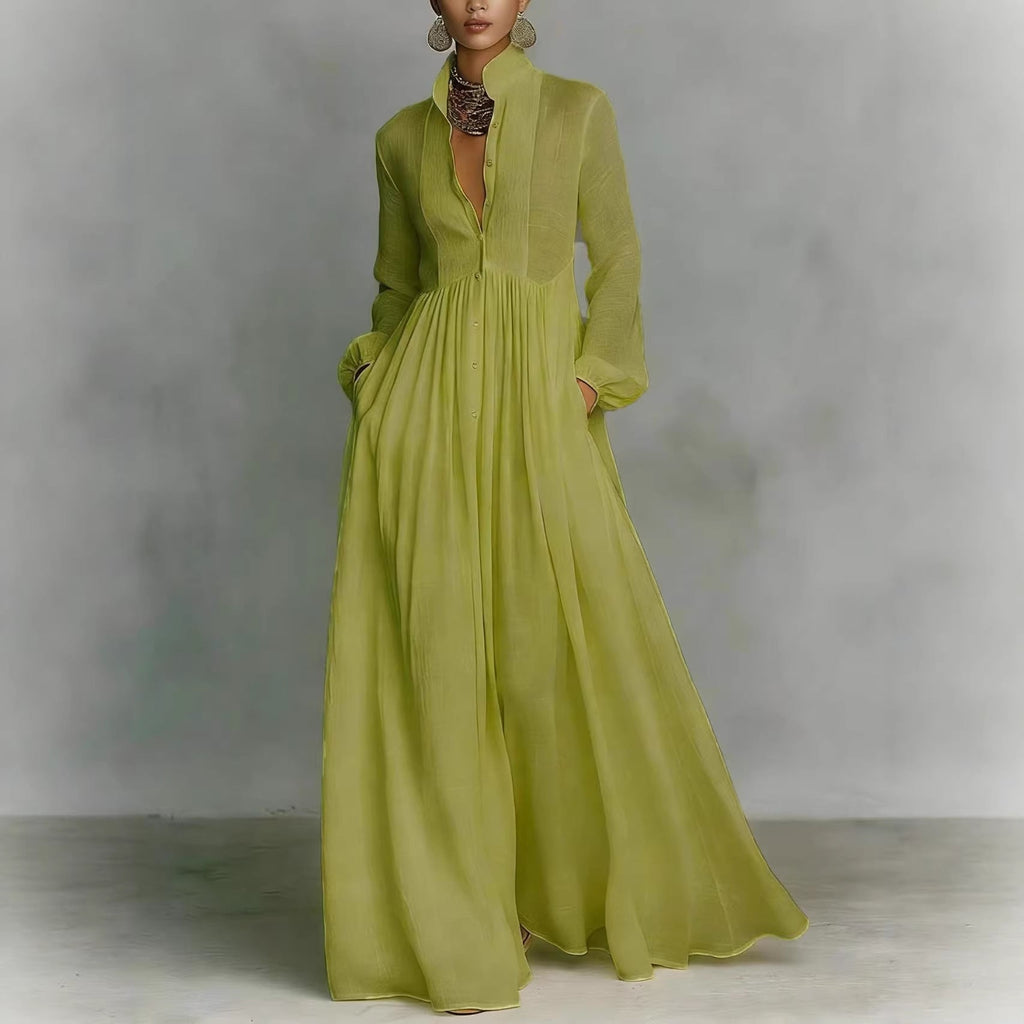 Women's French Style Long Sleeve Pleated A-Line Maxi Dress