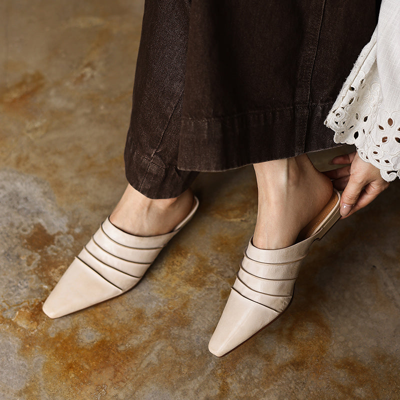 Handmade Sheepskin Ruched Mule Slides – Square Toe Low Heel