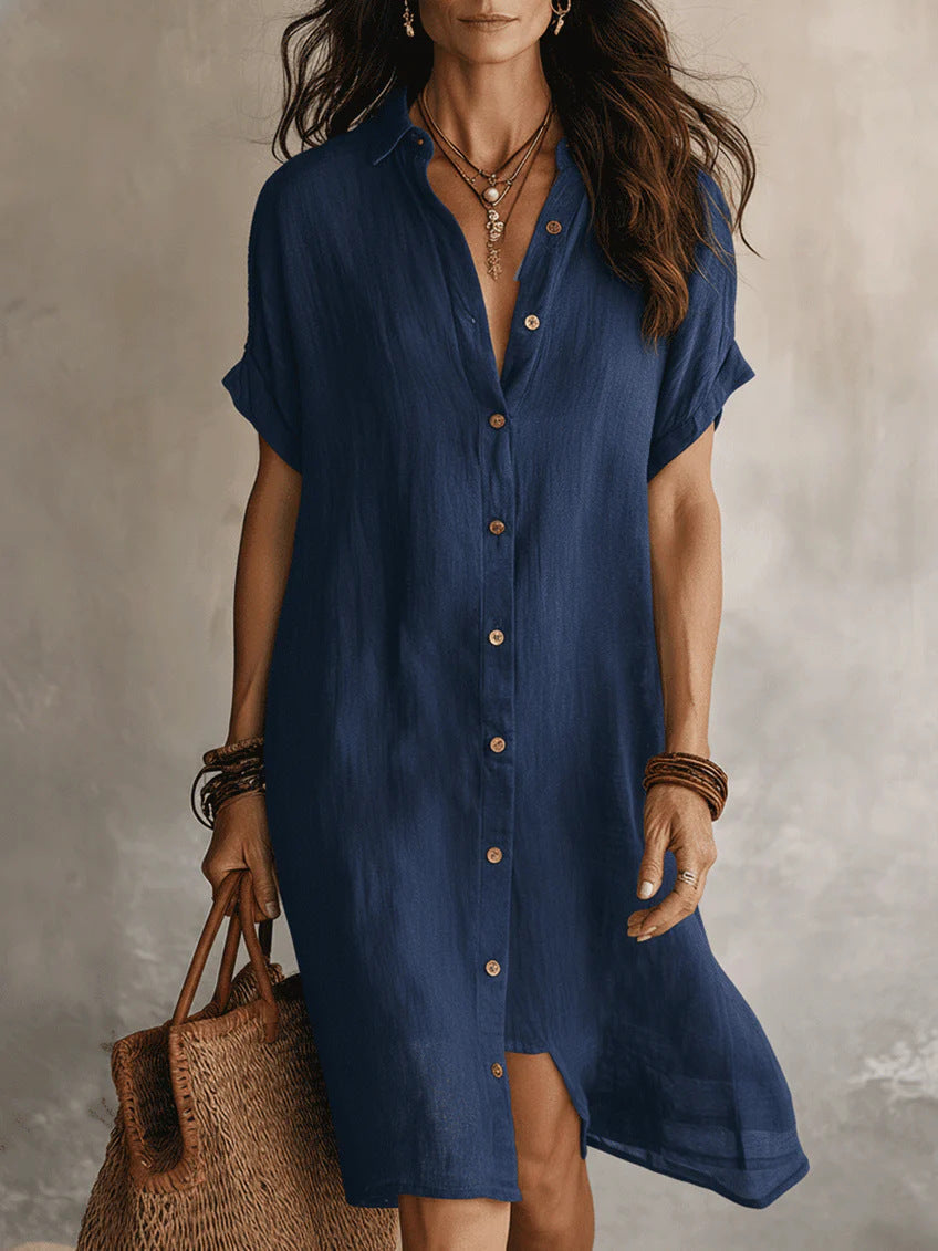 Women's Buttoned Midi Shirt Dress – Short Sleeve