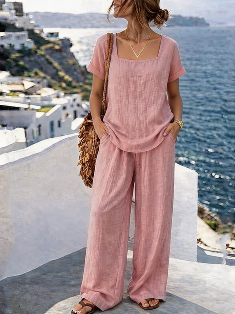 Women's Square-Neck Short-Sleeve Pantsuit – Cotton Blend Two-Piece Set