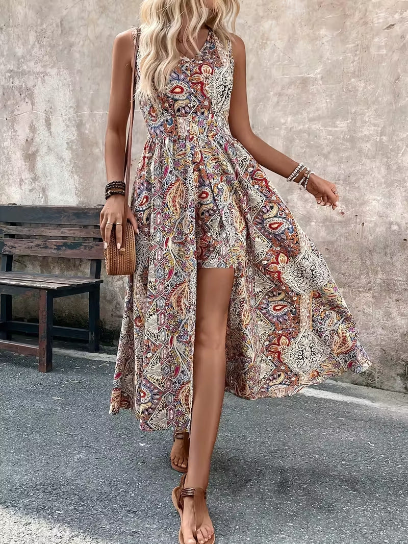 Women's Printed V-Neck Sleeveless Jumpsuit – Vacation Chic