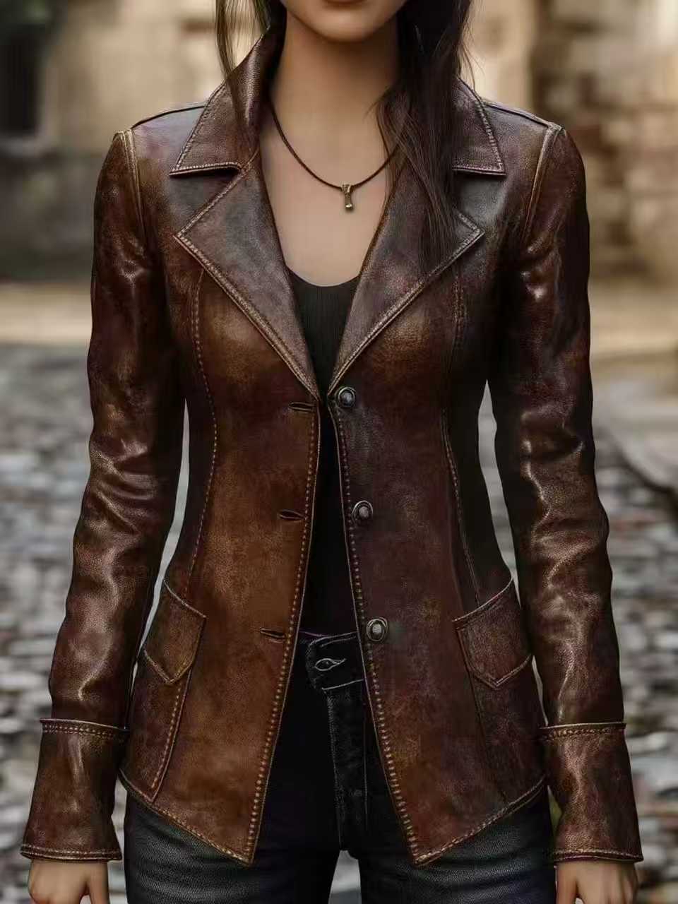 Women's Retro Slim-Fit Faux Leather Biker Jacket – Mid-Length