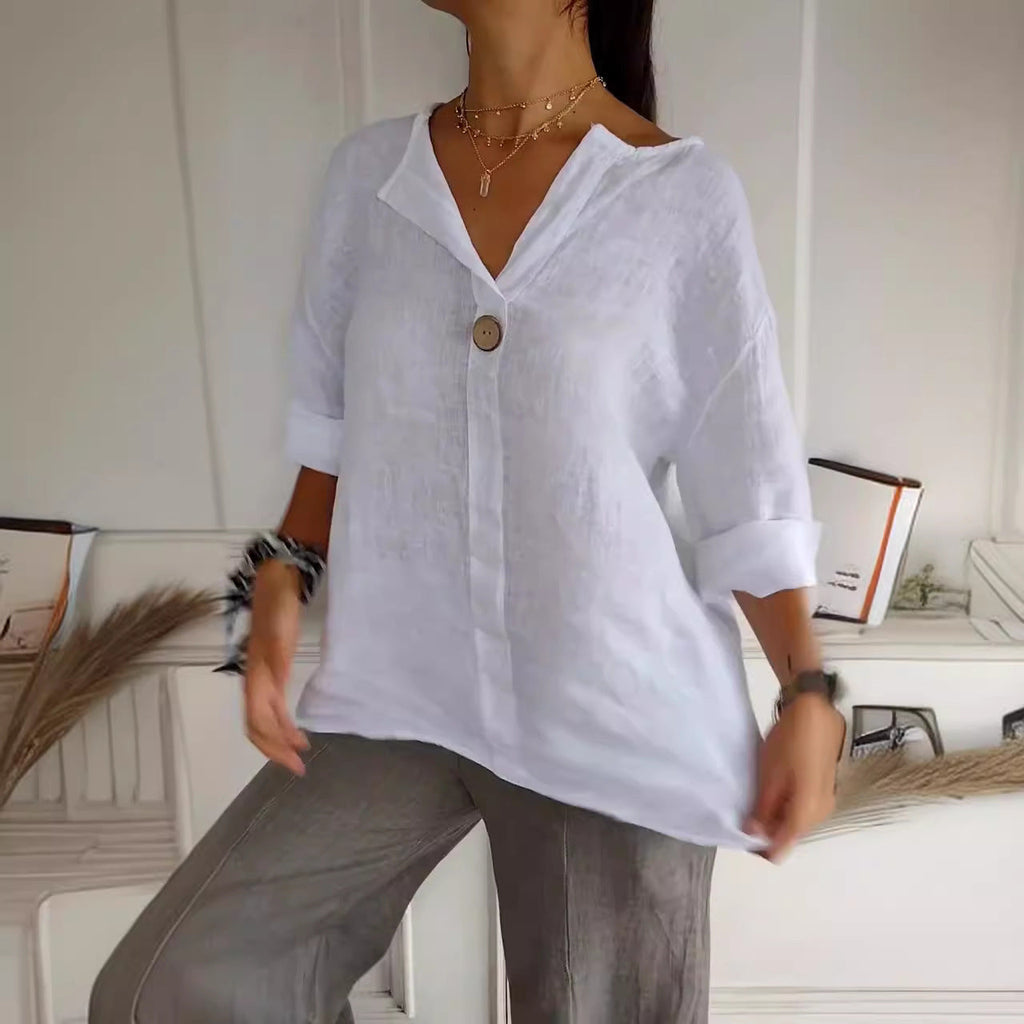 Women's V-Neck Long-Sleeve Button Top – Loose Fit Casual Blouse