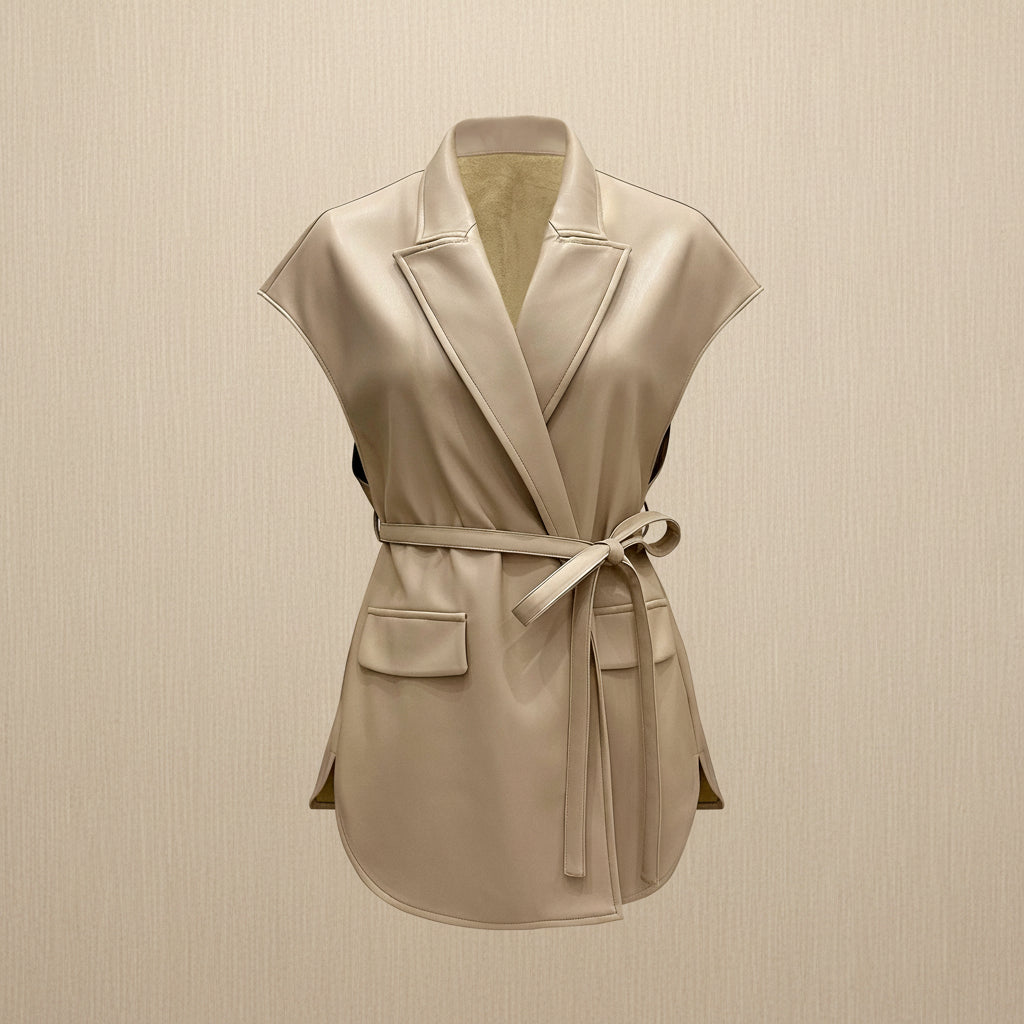 Women's Sleeveless PU Leather Vest Jacket – Suit Collar Tie-Up Waist Outerwear