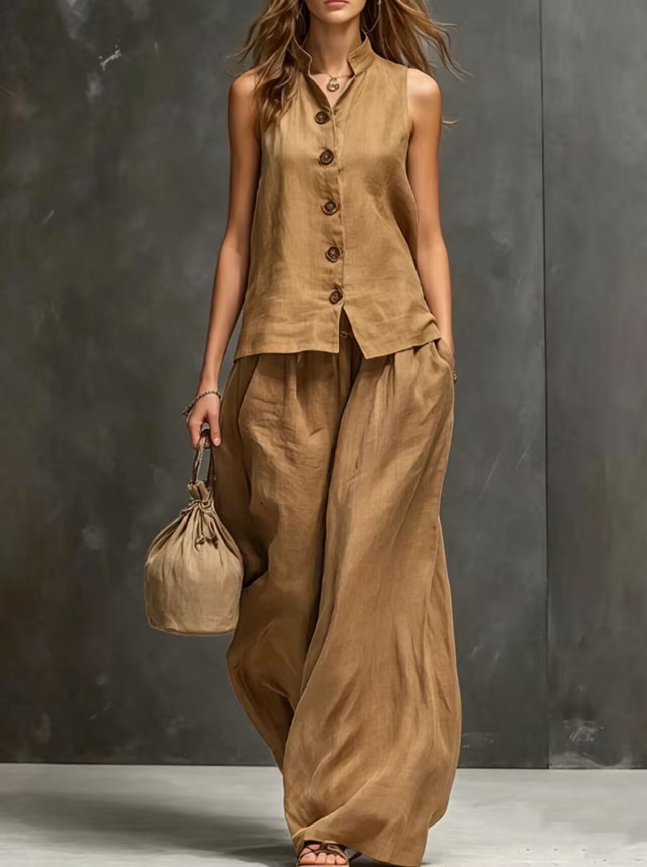 Women's Sleeveless Vest & Wide-Leg Pants Two-Piece Set – Cotton Linen