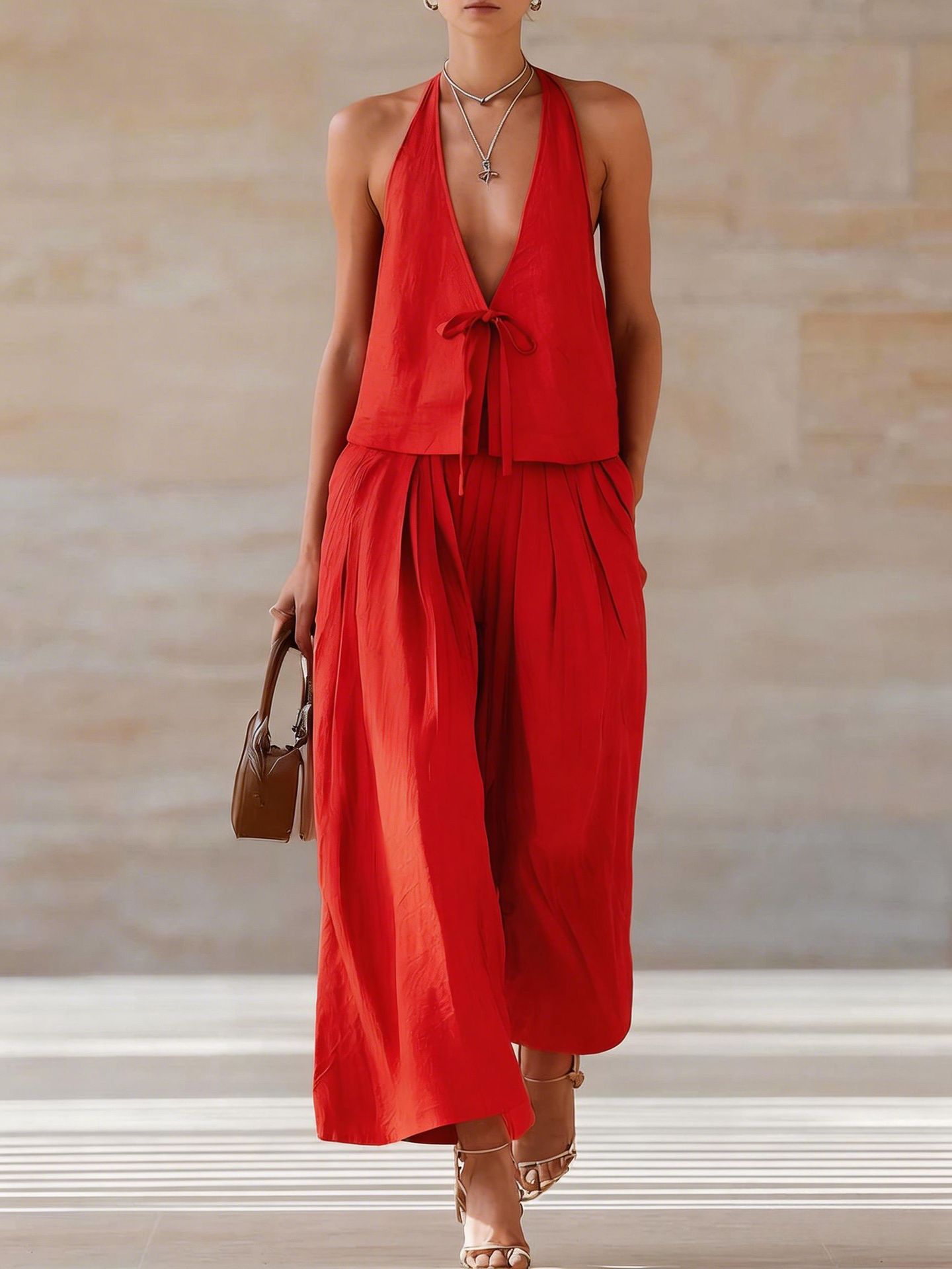 Women's Sleeveless Vest & Wide-Leg Pants Set – 2-Piece Lace-Up Outfit
