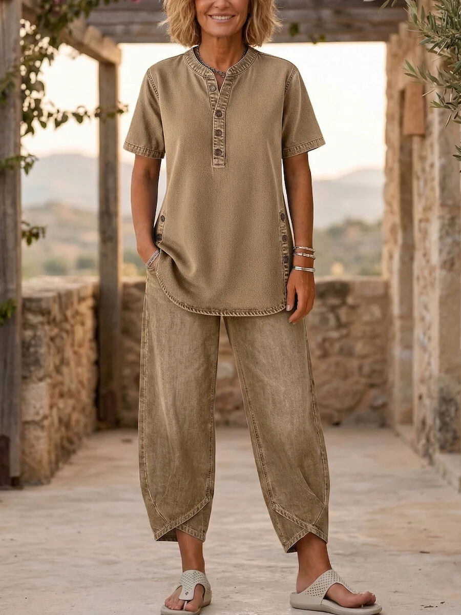 Women's Lapel Button-Up Top & Pants Two-Piece Set – Three-Quarter Sleeve