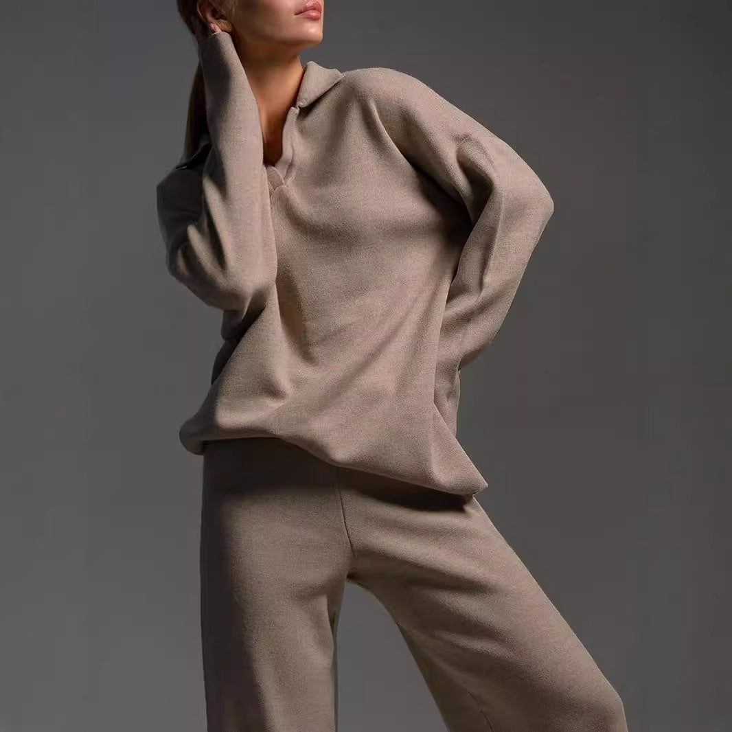 Women’s Fall Winter Two-Piece Set – Loose Collar Sweater Casual Outfit