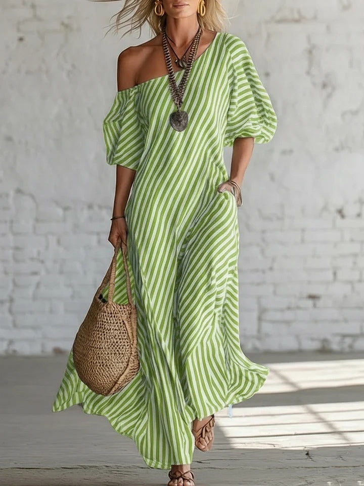 Women's Striped Off-Shoulder Elegant Midi Dress