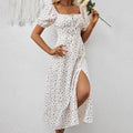 Square Neck Floral Print Dress With Puff Sleeves & Side Slit Maxi Dress