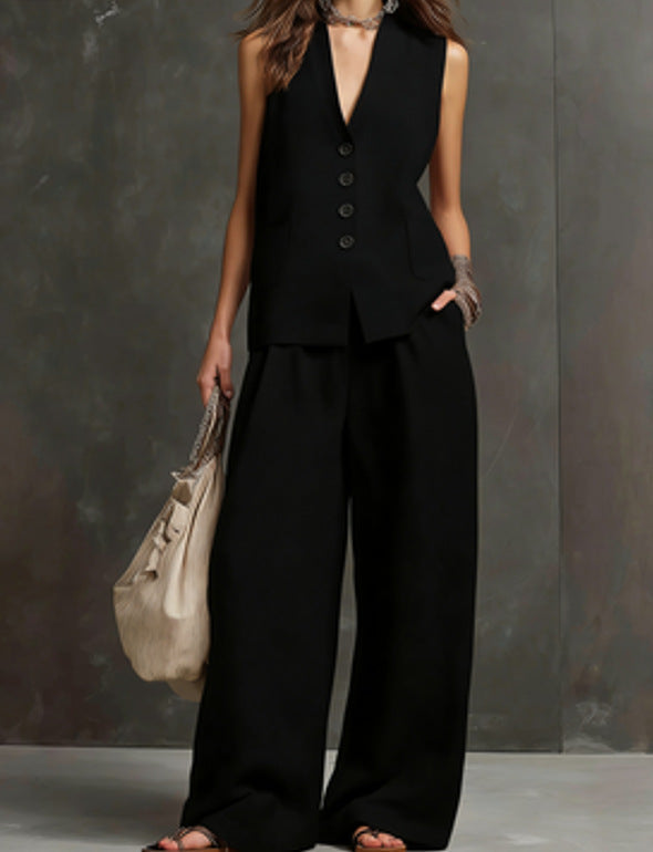Women's Linen Sleeveless Vest & Wide-Leg Pants Two-Piece Set
