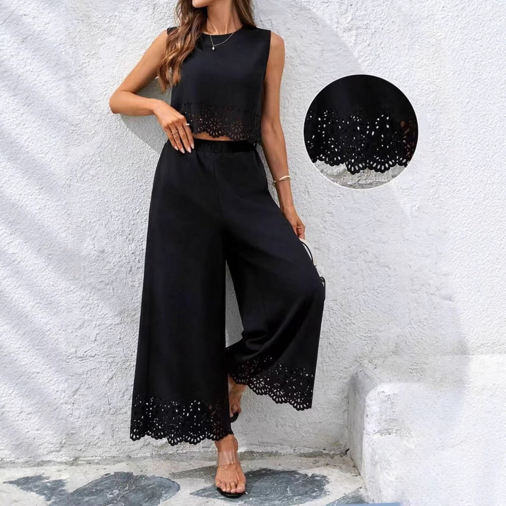 Women's Resort-Style Hollow-Out Tank Top & Pants Set – 2-Piece with Pockets
