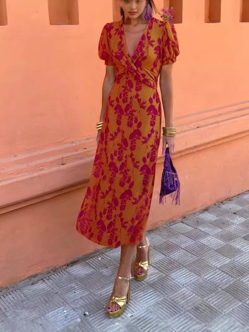 Women's Ruched Maxi Dress – V-Neck Short Sleeve, Form-Fitting Printed Elegant