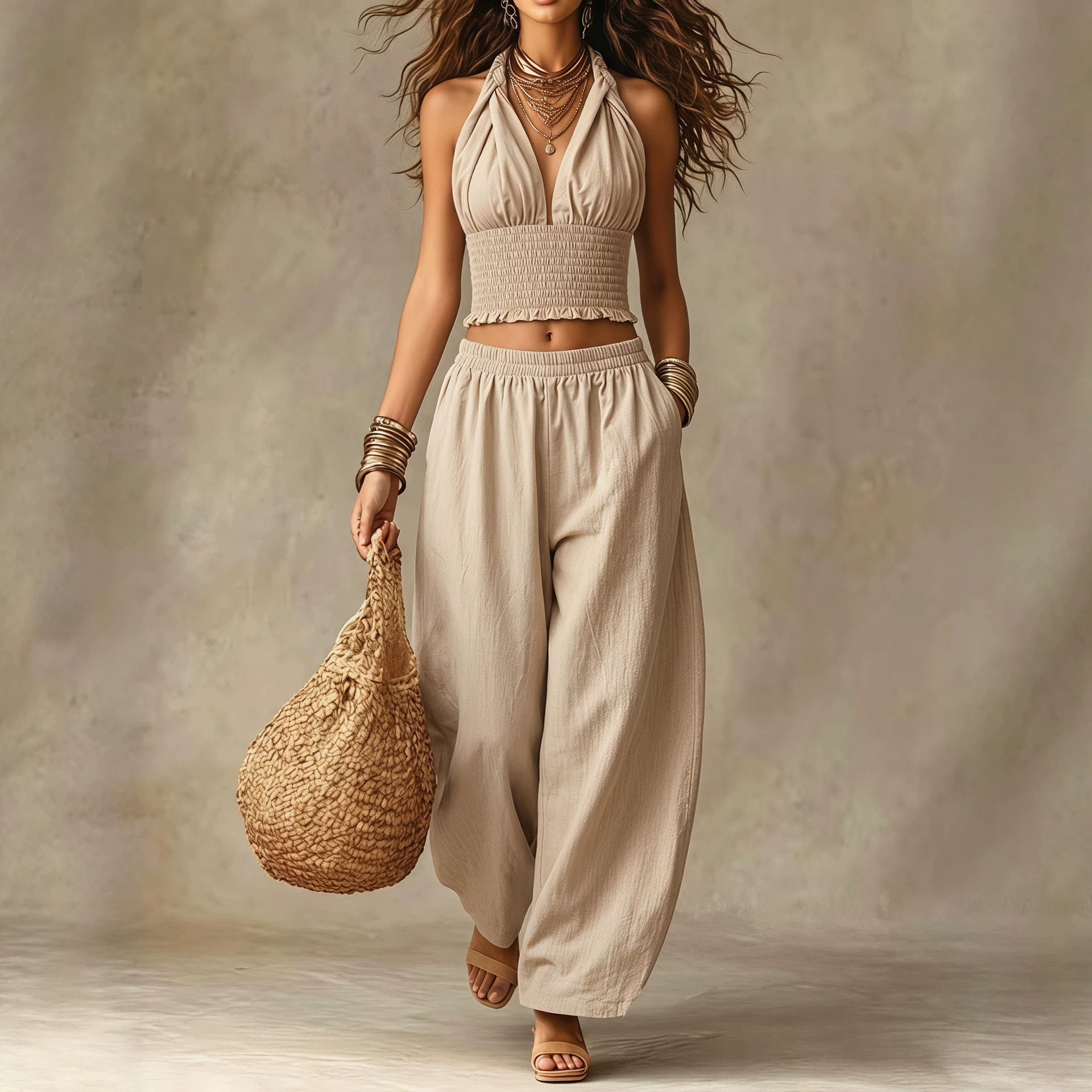 Women's Halter Neck V-Neck Crop Top & Loose Lantern Pants Linen Two-Piece Set
