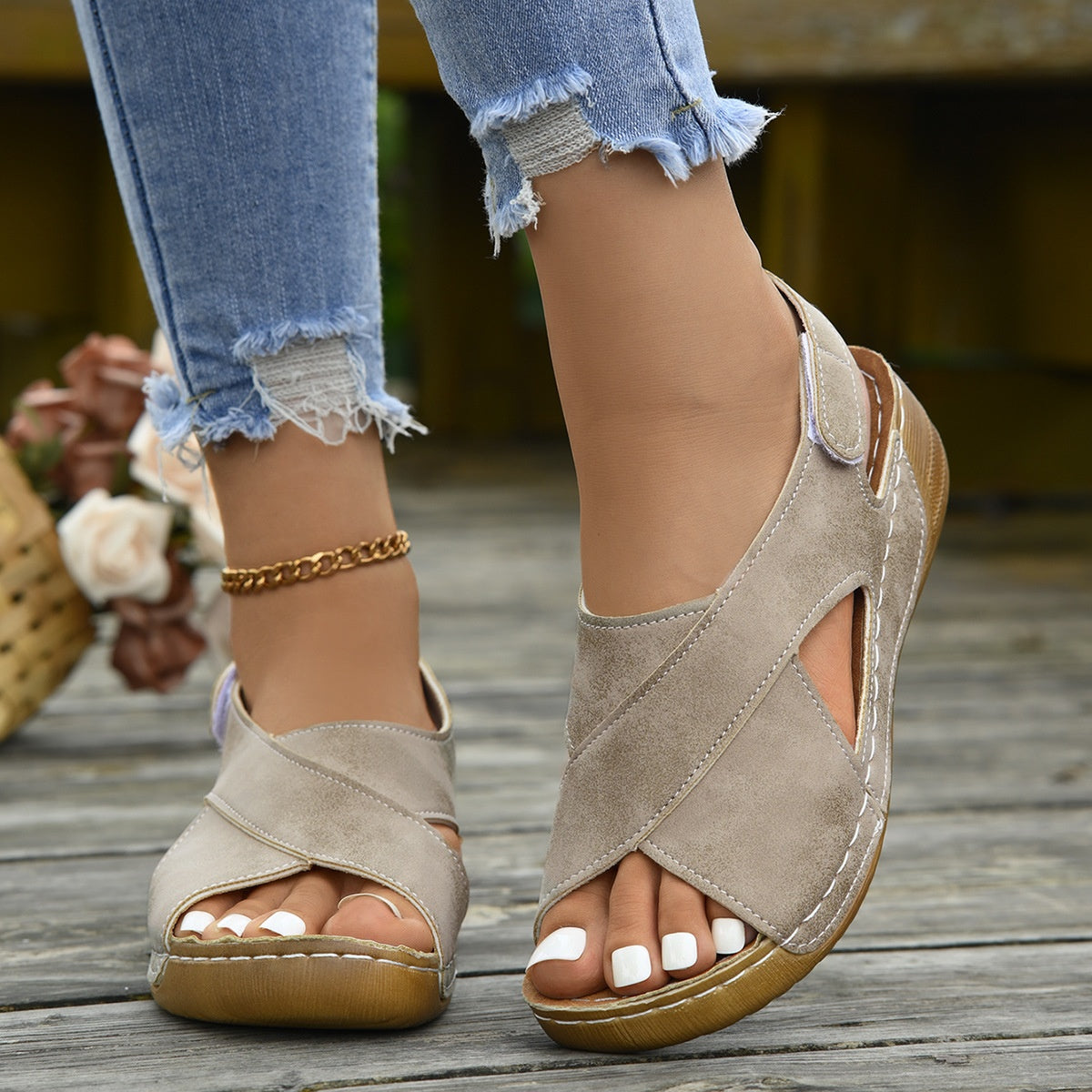 Women's Platform Roman Sandals | Open Toe Velcro Beach Sandals