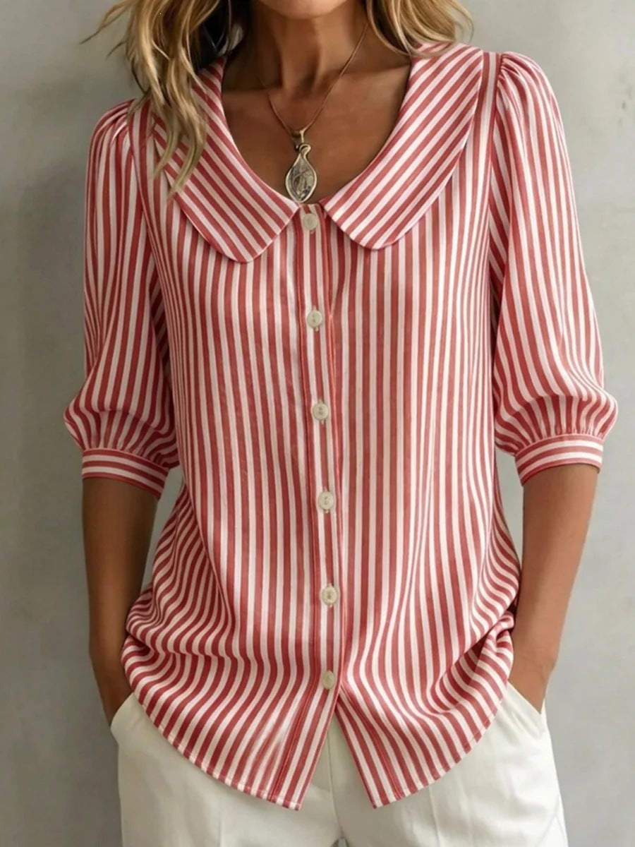 Striped V-Neck Top – Three-Quarter Sleeve Casual Shirt